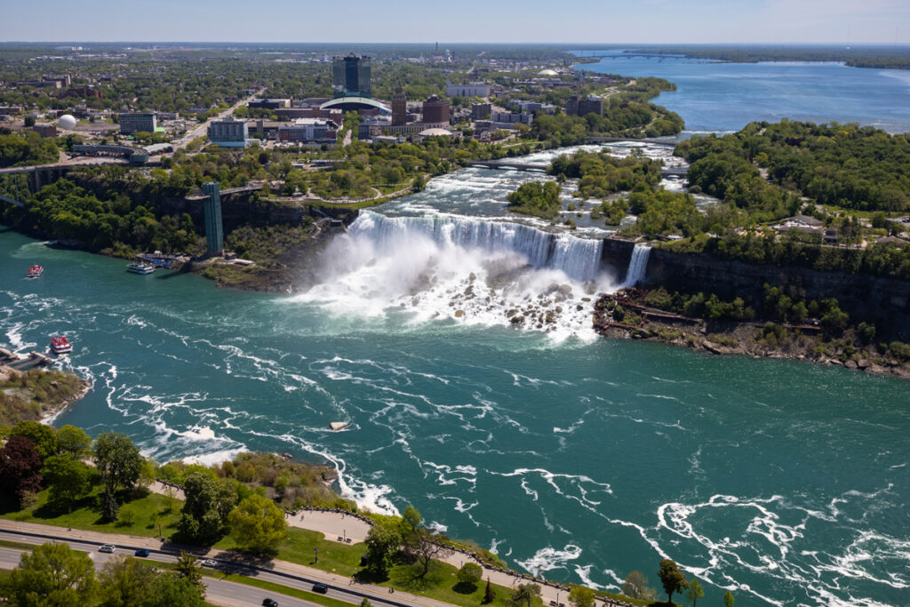 Skylon Tower view of American and Bridal Veil Falls.